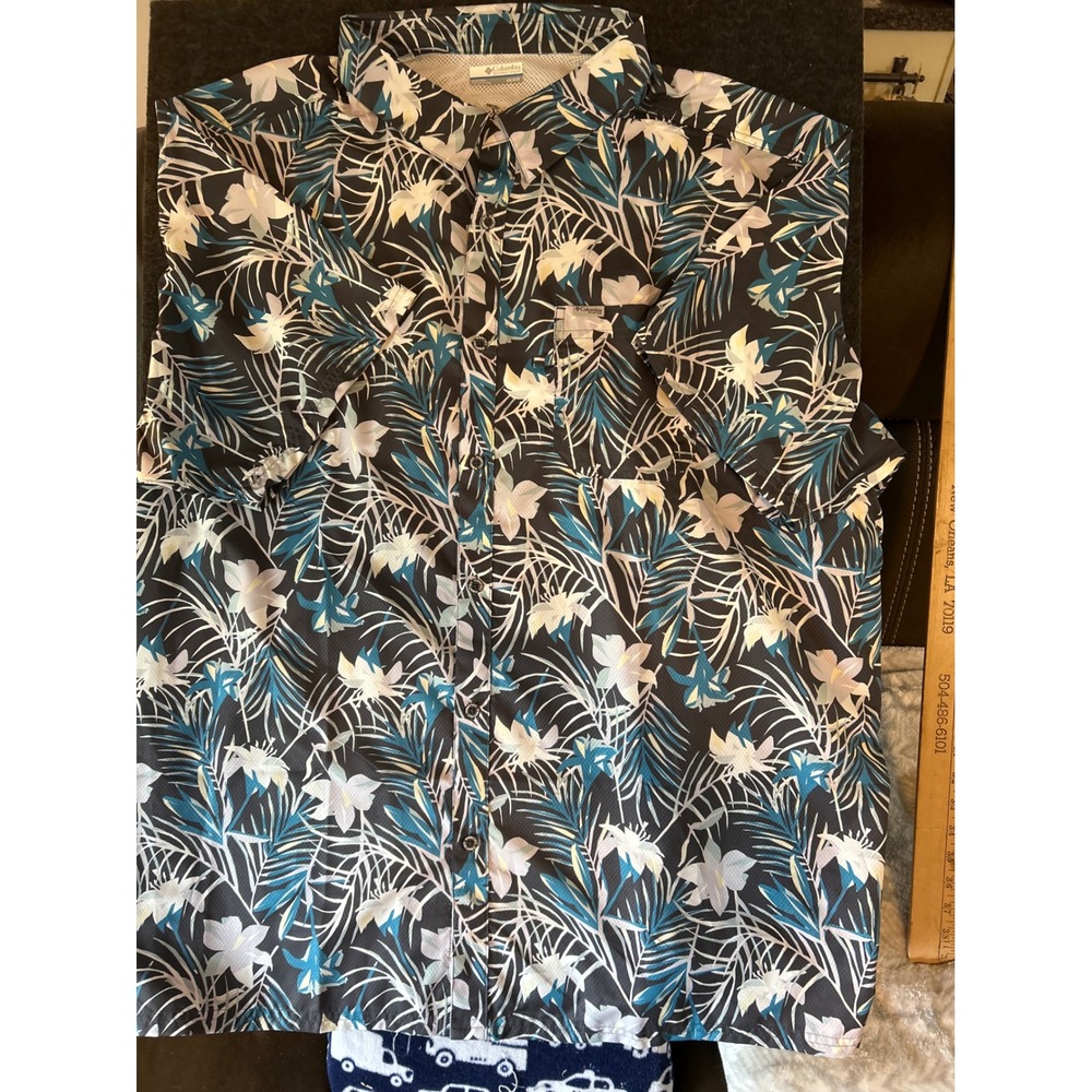 Columbia PFG Mens 4X Tall Floral Palm Fishing Shirt Navy Blue Short‎ Sleeve Vent